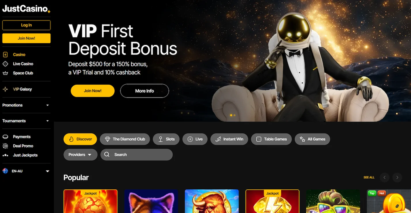 Just Casino homepage showing vip first deposit bonus offer, popular online pokies and site main navigation
