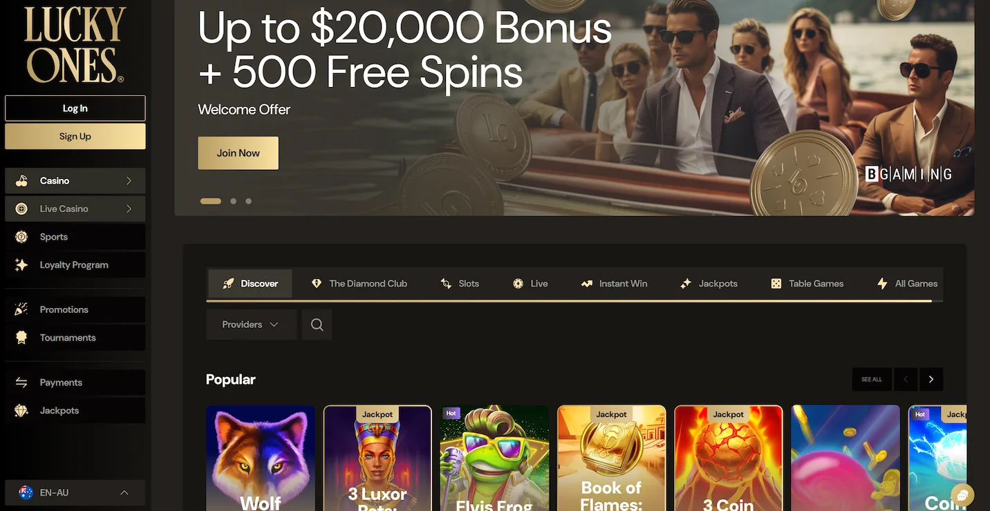 LuckyOnes casino homepage showing welcome offer, popular online pokies selection and site main navigation