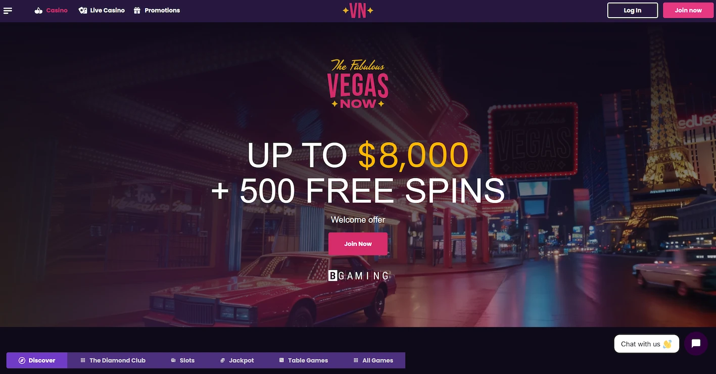 VegasNow casino homepage showing welcome bonus offer and site main navigation