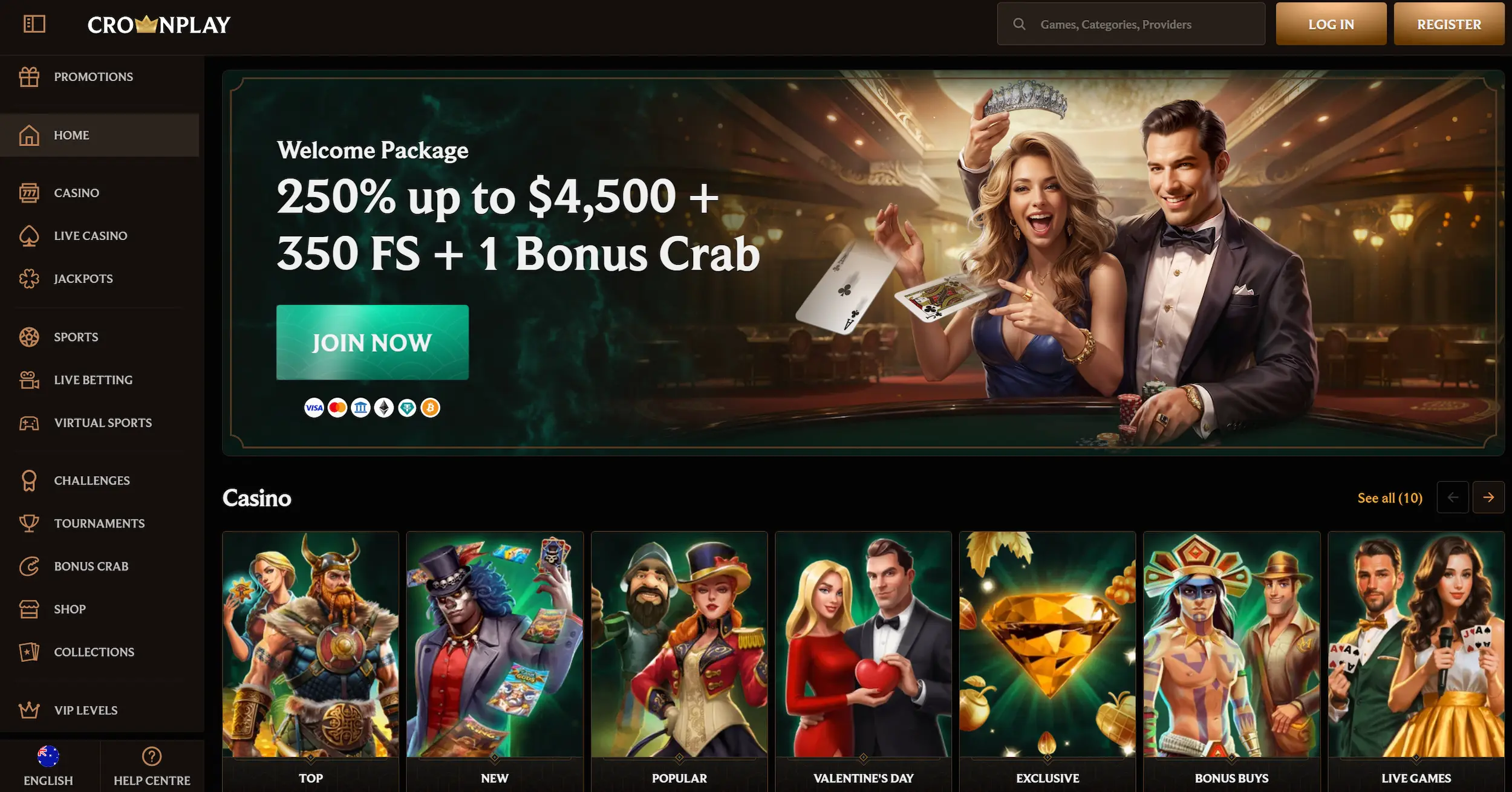 Crownplay casino homepage showing welcome bonus offer and site main navigation